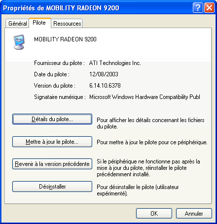 /></center><br/><br/>Pour revenir à la version précédente d’un pilote:<br/>1. Ouvrez le Gestionnaire de périphérique<br/>2. Sélectionnez dans la liste le périphérique qui pose problème, faites un clic droit et allez sur Propriétés<br/>3. Ouvrez l’onglet Pilote et cliquez sur le bouton Revenir à la version précédente<br/>4. Dans la boîte de dialogue, cliquez sur Oui et cliquez sur Ok. </div>
</article><!-- /post-979 -->
<div class=