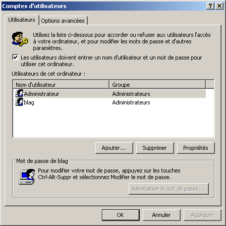 /><br/><br/>– dans la liste sélectionner la session désirée<br/>– décocher la case « Les utilisateurs doivent entrer un nom d’utilisateur et un mot de passe pour utiliser cet ordinateur »<br/>– cliquer sur le bouton Appliquer<br/>– une fenêtre s’ouvre et demande le mot de passe, mettre le mot de passe actuel et cliquer sur OK (il est conseillé de ne pas en mettre, pour cela il faut également supprimer le mot de passe du compte concerné car lorsqu’on perd l’habitude de rentrer son mot de passe, le risque c’est de l’oublier).<br/><br/>C’est fini, au prochain démarrage le PC démarrera sans passer par « L’écran d’accueil ». </div>
</article><!-- /post-1033 -->
<div class=