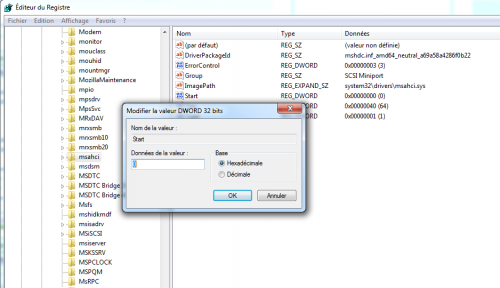 modifier la clé de registre msahci