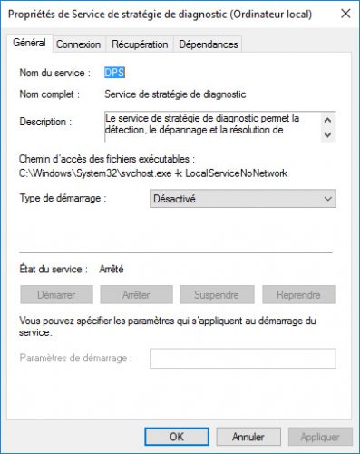 désactiver le service de diagnostic